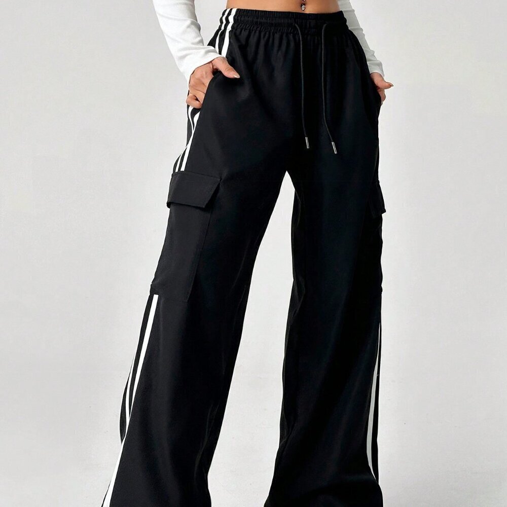 Black Casual Women's Drawstring Waist Striped Side Pocket Pants - Picture 3 of 6
